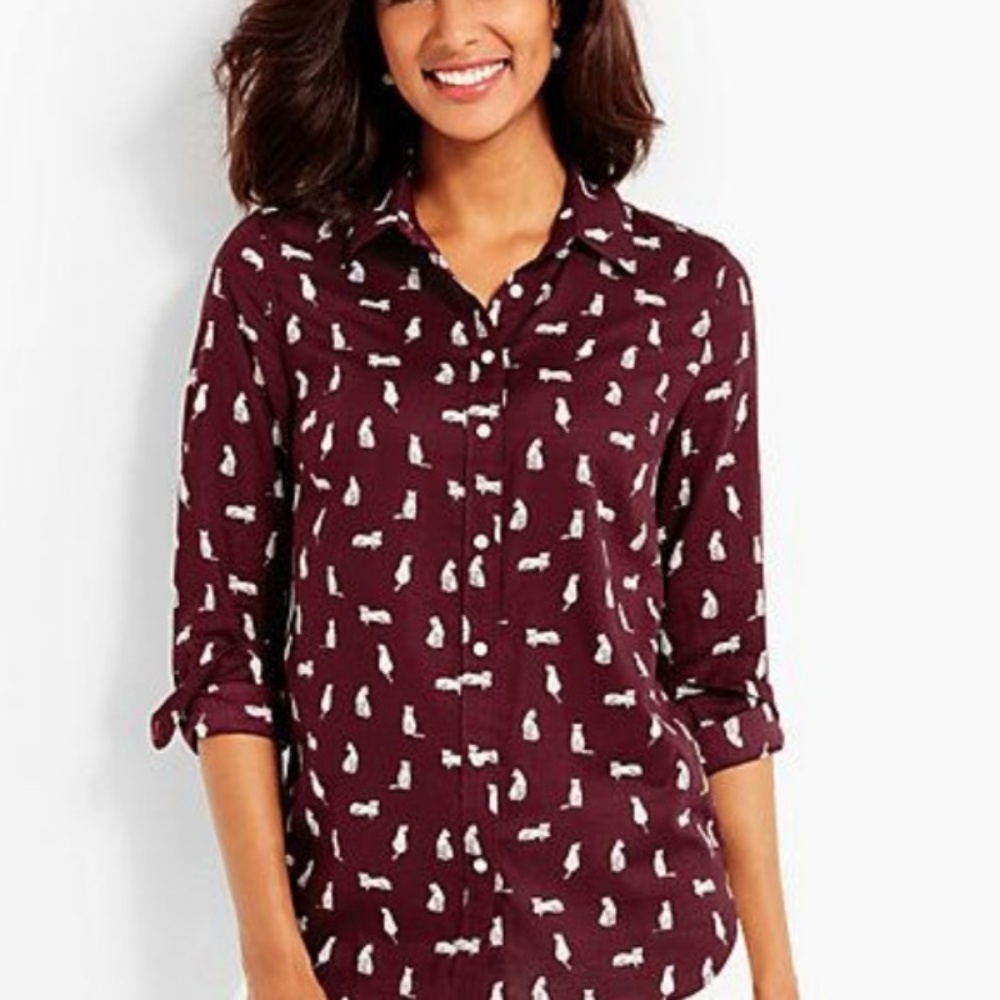 NWOT Talbots burgundy cat-print shirt top P